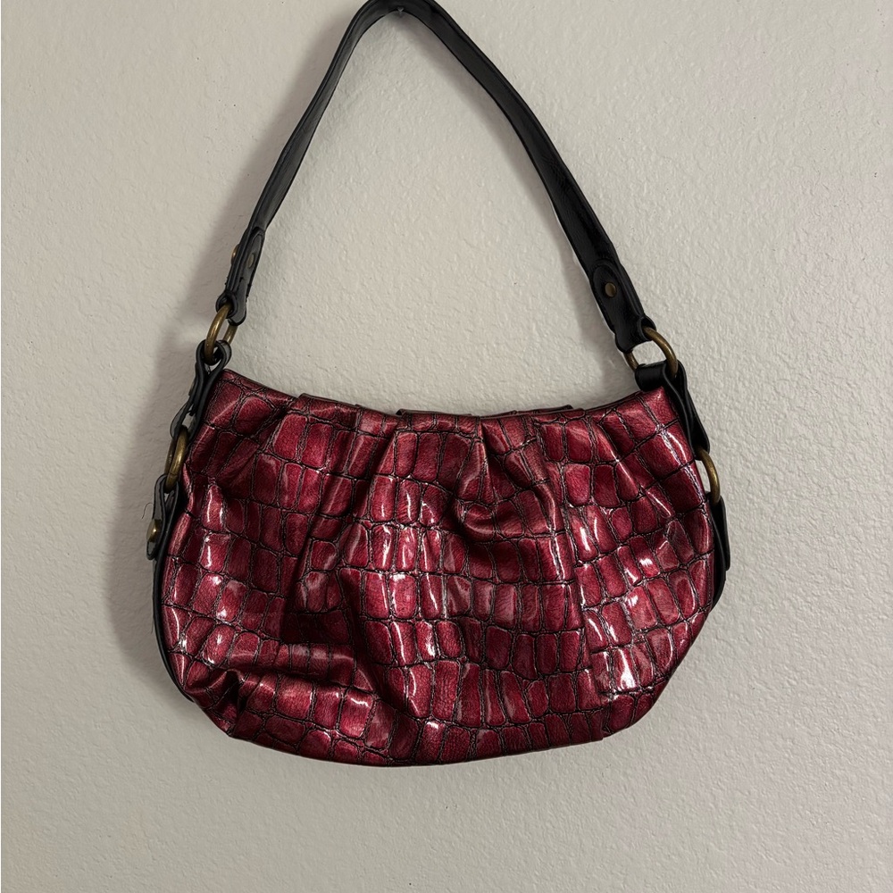 Simply Vera Vera Wang Croc-Embossed Burgundy Shoulder Bag with Black Strap